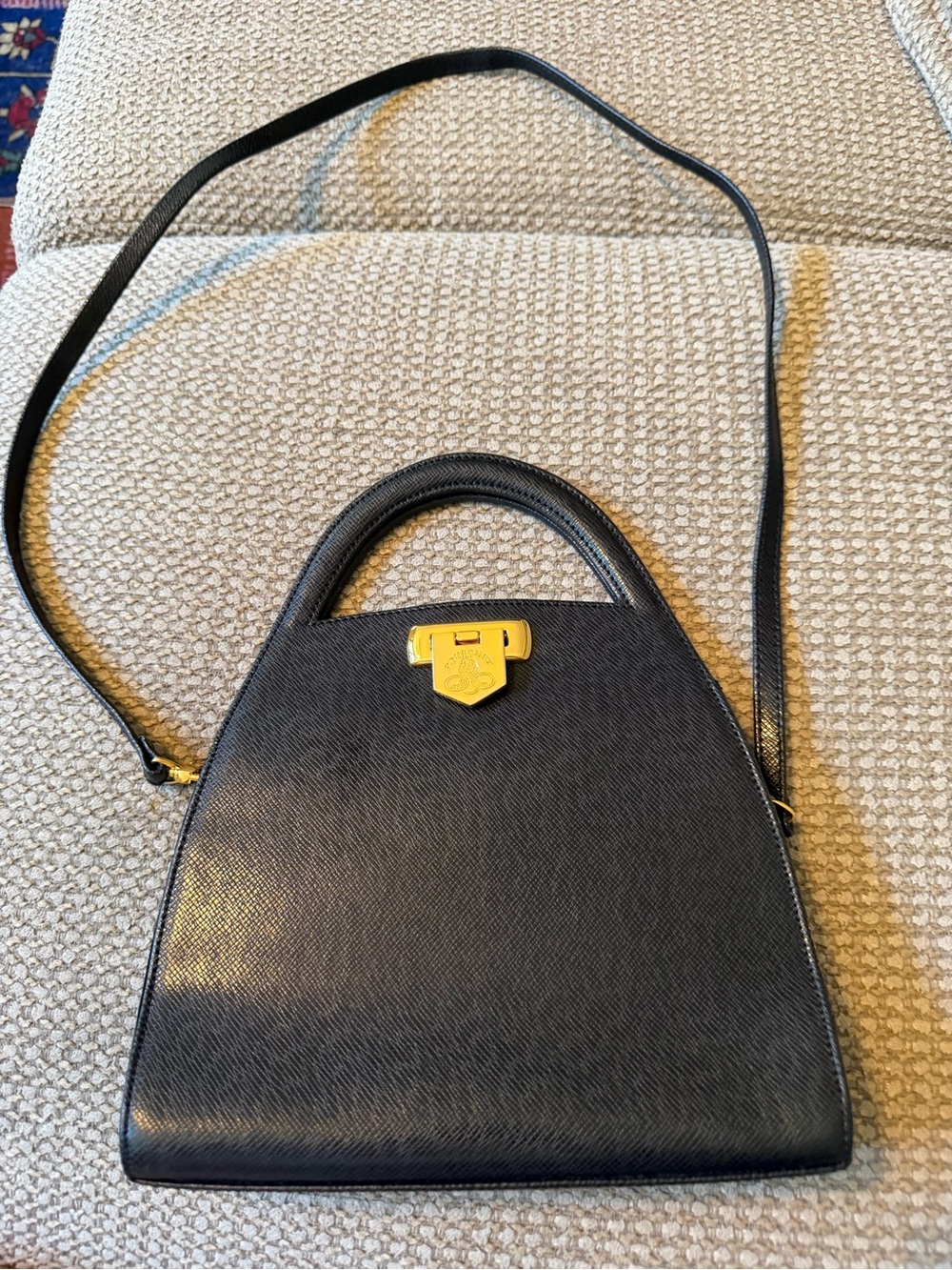 Authentic Structured Black Leather Top-Handle Crossbody with Gold Clasp